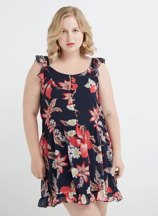 Ruffle Floral Print Mini Dress Blue/Red/Yellow 