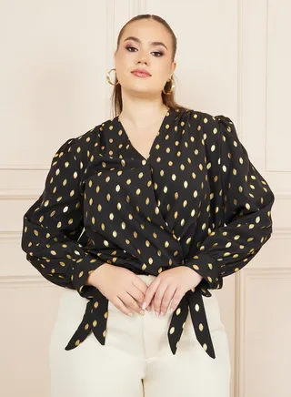 Foil Print Tie Sleeves Wrap Style Top 