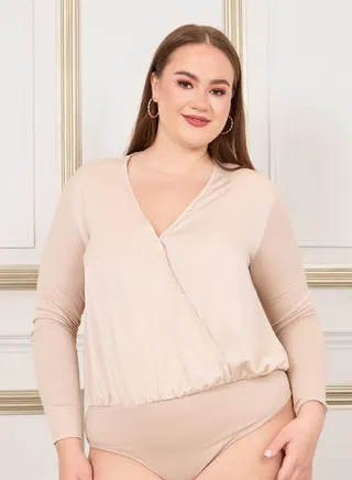 Plus Satin Long Sleeve V Neck Bodysuit 