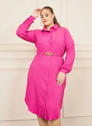 Plus Textured Chain Accent Belted Shirt Midi Dress 