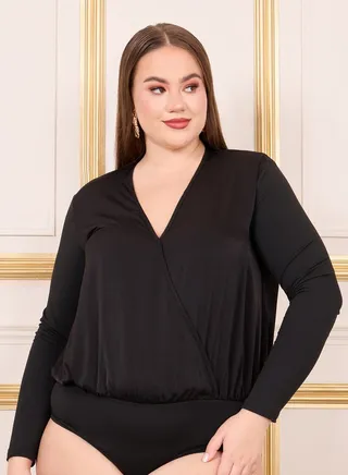 Plus Satin Long Sleeve V Neck Bodysuit 