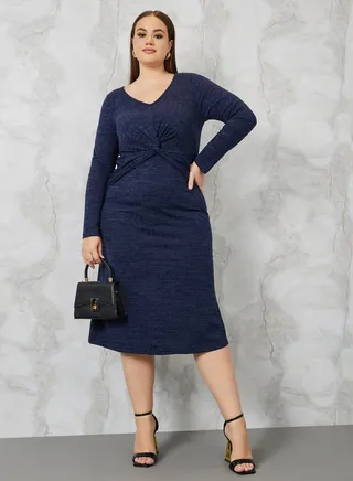 Textured Midi Dress with Knot Front Detail 