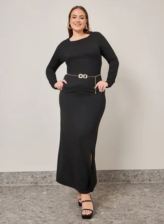 Solid Maxi A-Line Dress with Side Slit 