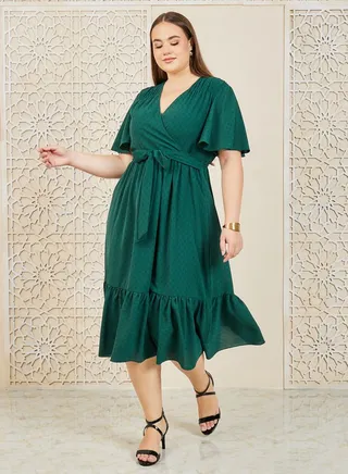 Textured A-Line Tiered Midi Dress with Self Tie Up 
