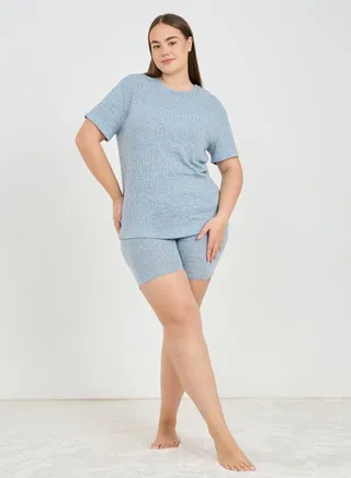 Ribbed Short Sleeve T-Shirt & Cycling Shorts Lounge Set 