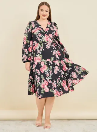 Floral Print Tiered Wrap Midi Dress 