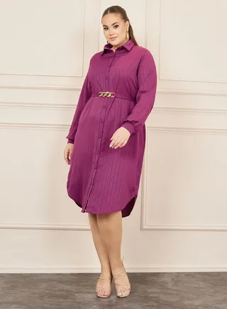 Plus Textured Chain Accent Belted Shirt Midi Dress 