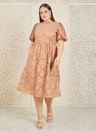 Burnout Texture High Neck A-Line Midi Dress 