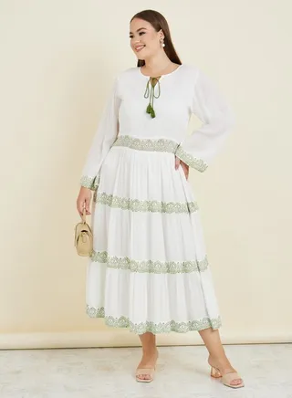 Plus Tie-Up Neck Printed Tiered Midi Dress