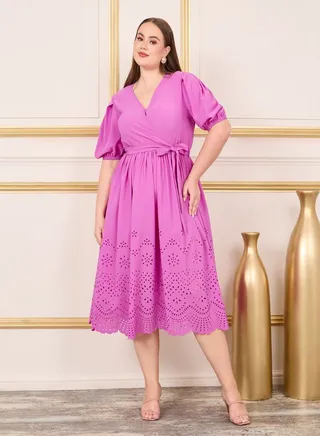Plus Schiffli Puff Sleeves Wrap Midi Dress 