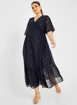 3/4 Sleeve Self Design Wrap Midi Dress 