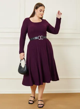 Textured Long Sleeves Midi Dress with Belt 