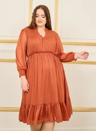 Plus Dobby Ruffle Detail A-Line Midi Dress 