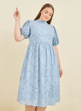 Burnout Texture High Neck A-Line Midi Dress 