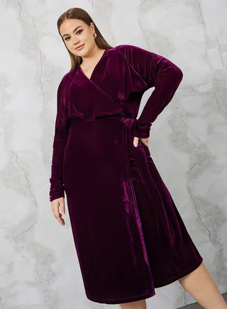 Velour Tie Front Wrap Midi Dress 