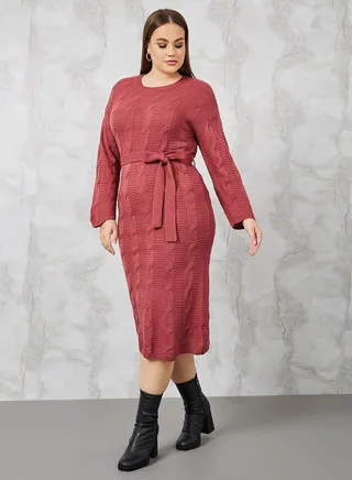 Cable Knit Sweater Midi Dress with Tie Belt 