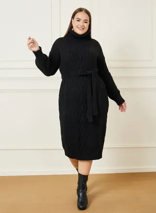 Cable Knit Turtle Neck Sweater Midi Dress 