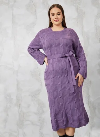 Cable Knit Sweater Midi Dress with Tie Belt 