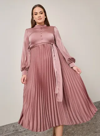 Pleated Belted A-Line Midi Dress With Button Detail 