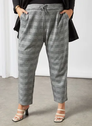 Plus Size Checkered Trousers Light Grey 