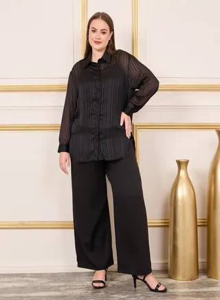 Plus Striped Sheer Shirt, Slip and Wide Leg Pant Set 