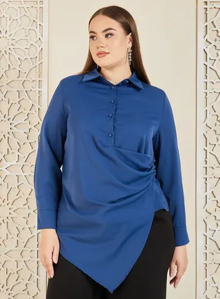 Plus Asymmetric Hem Wrap Button Closure Collared Top 