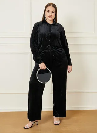 Velour Textured Shirt & Wide Leg Pants Co-Ords 