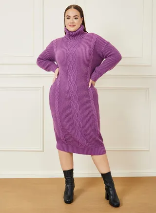 Cable Knit Turtle Neck Sweater Midi Dress 