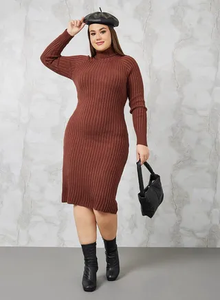 Turtle Neck Ribbed Knit Sweater Dress 