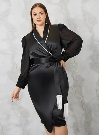Satin Wrap Midi Dress Fringe Belt 