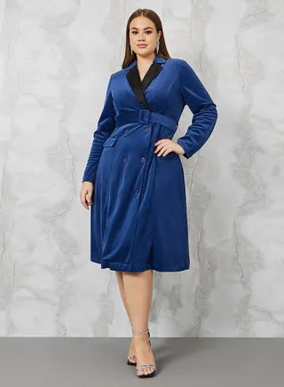 Contrast Collar Belted Blazer Midi Dress 