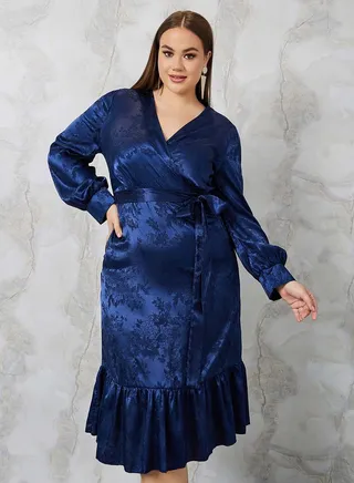 Jacquard Wrap Front Midi Dress with Ruffle Hem 