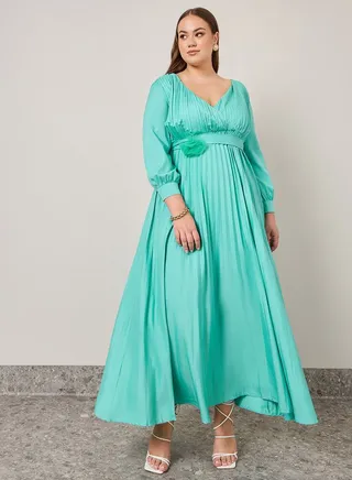 Solid Pleated Belt Design Maxi Dress 