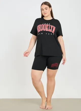 City Print Drop Shoulder T-Shirt & Cycle Shorts Lounge Set 