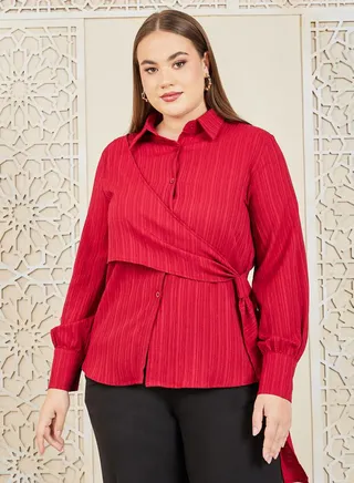 Stripe Textured Wrap Front Detail Shirt