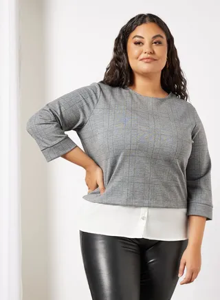 Plus Size Checked Top Grey 