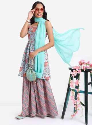 Paisley Print Longline Tunic, Dupatta & Flared Sharara Co-Ord Set 