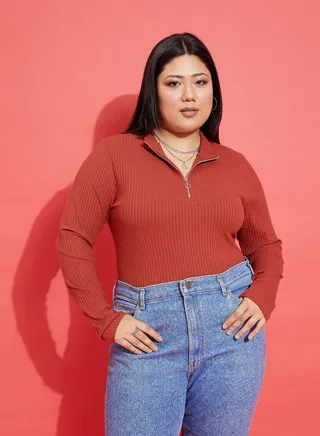 Collared Rib Front Zip Long Sleeve Top 