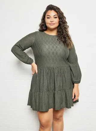 Plus Size Solid Mini Dress Green Bottle 