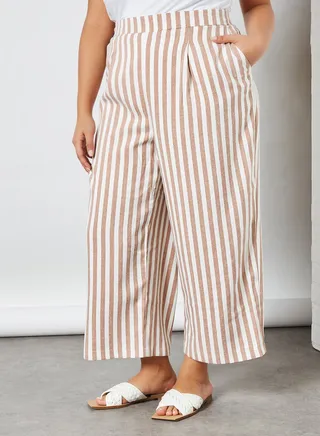 Plus Size Striped Pants White/Brown 