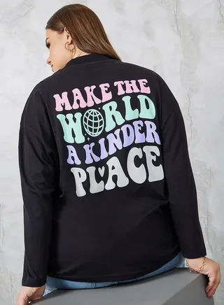 Oversized High Neck Slogan Longline T-Shirt 