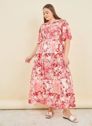 Floral Print Tiered Maxi Dress with Self Tie Up