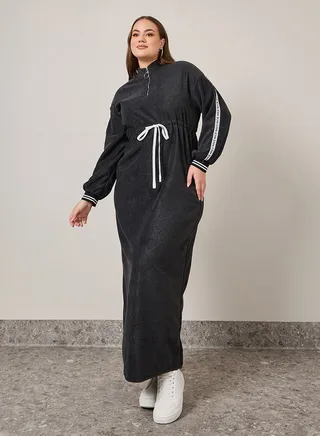 Half Zip Tie Up Maxi Sweatshirt Dress 