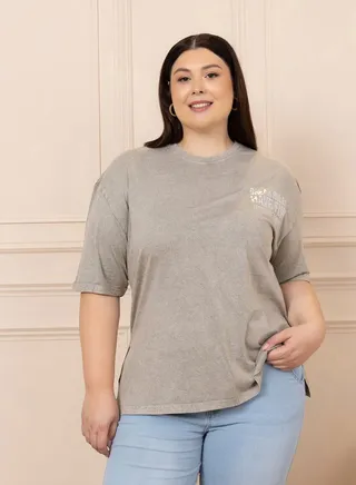 Plus Acid Wash Break Rules Foil Slogan Print Oversized Longline T-shirt 