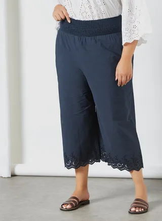 Plus Size Schiffli Hem Culottes Navy 