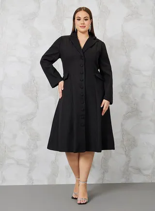Notch Collar Buttoned A-Line Midi Dress 
