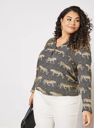 Plus Size Leopard Print Blouse Black 