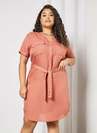 Plus Size Waist Tie Dress Terracotta 
