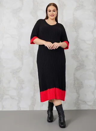 Contrast Trim Textured Knit Sweater Midi Dress 