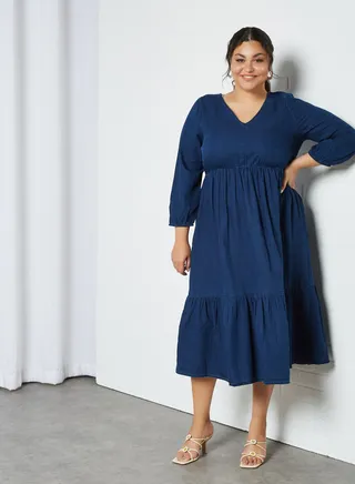 Plus Size Tiered Denim Dress Dark Denim 